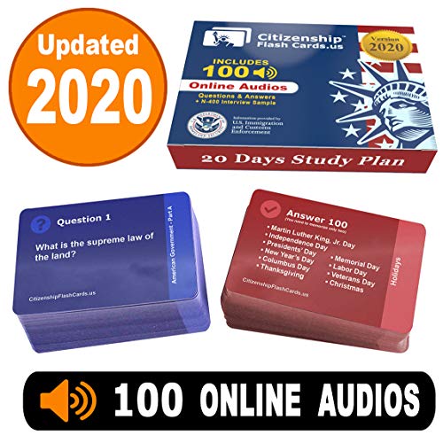 Product Cover US Citizenship test Civics Flash Cards for the Naturalization Exam 2020 | Includes Online Audios with all official 100 USCIS Questions and Answers | USCIS N-400. Get ready for the Immigration Test in only 20 days.