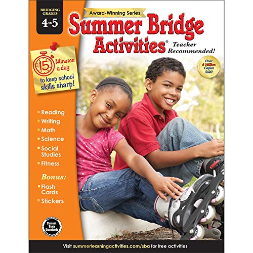 Product Cover Summer Bridge Activities - Grades 4 - 5, Workbook for Summer Learning Loss, Math, Reading, Writing and More with Flash Cards and Stickers