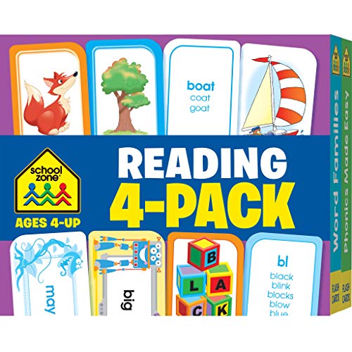 Product Cover School Zone - Reading Flash Card 4-Pack - Ages 4 and Up, Short and Long Vowel Sounds, Combination Sounds, Rhyming, and More (Flash Card 4-pk)