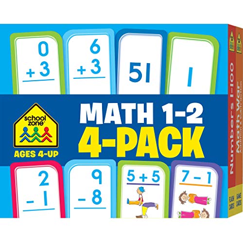 Product Cover School Zone - Math 1-2 Flash Cards 4 Pack - Ages 4 and Up, 1st Grade, 2nd Grade, Addition, Subtraction, Numbers 1-100, and More (Flash Card 4-pk)