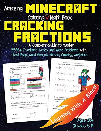 Product Cover Minecraft Coloring Math Book Cracking Fractions Grades 5-8 Ages 10+: A Complete Guide to Master Fractions and Word Problems with Test Prep, Word Search, Mazes, Coloring, and More! (Unofficial)