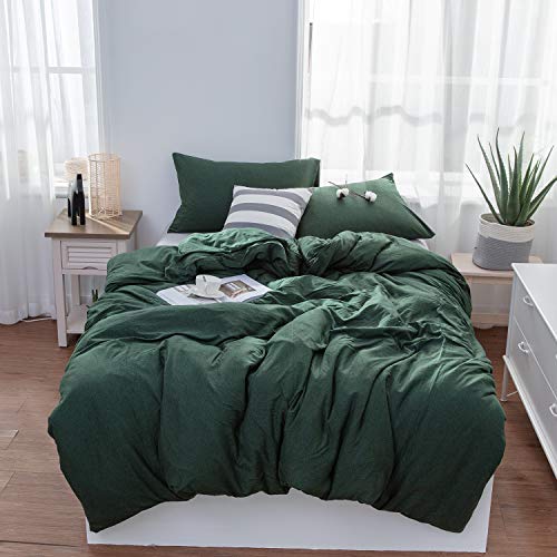 Product Cover LIFETOWN Jersey Knit Cotton Duvet Cover King, 1 Duvet Cover and 2 Pillowcases, Simple Solid Design, Super Soft and Easy Care (King, Dark Green)
