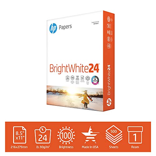 Product Cover HP Printer Paper BrightWhite 24lb, 8.5x 11, 1 Ream, 500 Sheets, Made in USA From Forest Stewardship Council (FSC) Certified Resources, 100 Bright, Engineered for HP Compatibility, 203000R