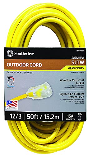 Product Cover Southwire 2588SW0002 Outdoor Extension Cord- 12/3 American Made SJTW Heavy Duty 3 Prong Extension Cord- Great for Commercial Use, Gardening, and Major Appliances ( 50 Foot- Yellow)