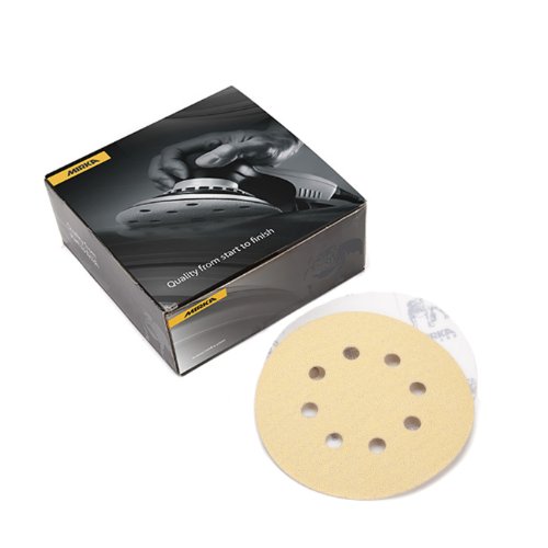Product Cover Mirka 23-615-AP Gold 5-Inch 8-Hole Dustless Hook-and-Loop Sanding Disks, 10 Each of 5 Grits