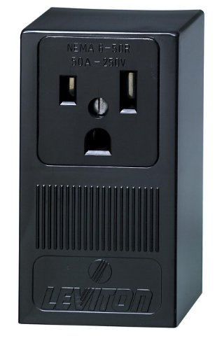 Product Cover Leviton, Black 5378 50 Amp, 250 Volt, Surface Mounting Receptacle, Straight Blade, Industrial Grade, Grounding
