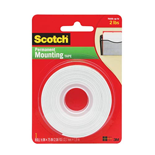Product Cover Scotch Mounting Tape, Double Sided Foam Tape for Permanent Mounting, 0.5 in x 75 in (1.27 cm x 1.9 m), 110-ESF