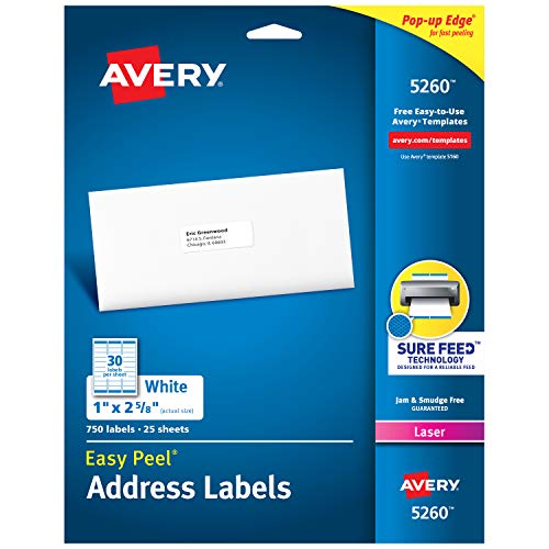 Product Cover Avery Mailing Address Labels, Laser Printers, 750 Labels, 1 x 2-5/8, Permanent Adhesive, Easy Peel (5260)