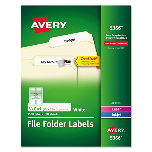 Product Cover Avery File Folder Labels for Laser and Ink Jet Printers with TrueBlock Technology, 3.4375 x .66 inches, White, Box of 1500 (5366)