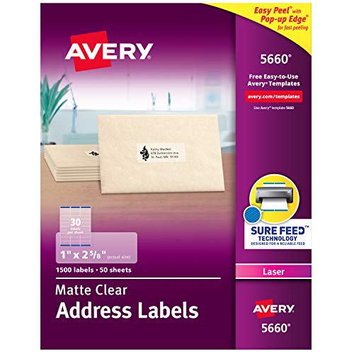 Product Cover Avery Easy Peel Clear Mailing Labels for Laser Printers, 1 x 2 5/8 Inches, Box of 1500 (5660)