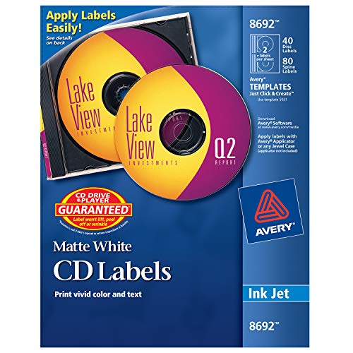 Product Cover Avery CD Labels, Matte White, 40 Disc Labels and 80 Spine Labels (8692)