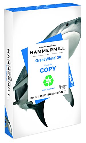 Product Cover Hammermill Paper, Great White 30% Recycled Printer Paper, 8.5 x 14 Paper, Legal Size, 20lb, 92 Bright, 1 Ream / 500 Sheets (086704R) Acid Free Paper