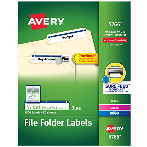 Product Cover AveryÂ® Blue File Folder Labels for Laser and Inkjet Printers with TrueBlock(TM) Technology, 2/3 inches x 3-7/16 inches, Box of 1500 (5766)
