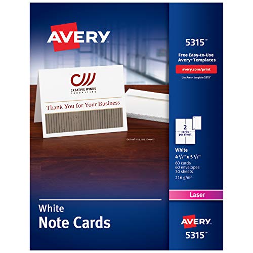 Product Cover Avery Printable Note Cards, Laser Printers, 60 Cards and Envelopes, 4.25 x 5.5 (5315), White