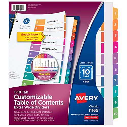 Product Cover Avery 10-Tab Extra-Wide 3 Ring Binder Dividers, Customizable Table of Contents, Multicolor Tabs, 1 Set (11165)
