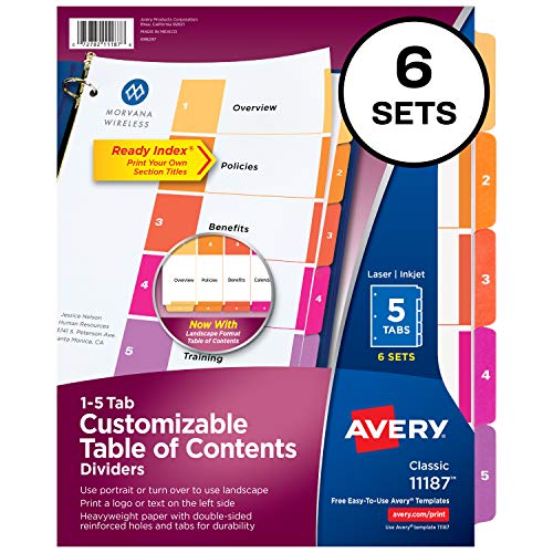 Product Cover Avery Ready Index Table of Contents Dividers, 5-Tab, Multi-Color, 6 Sets (11187)
