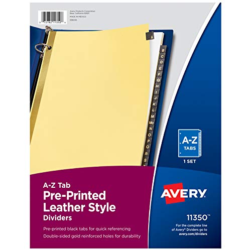 Product Cover Avery A-Z Tab Binder Dividers, Pre-Printed Black Leather Style Tabs, 25-Tab, 1 Set (11350)