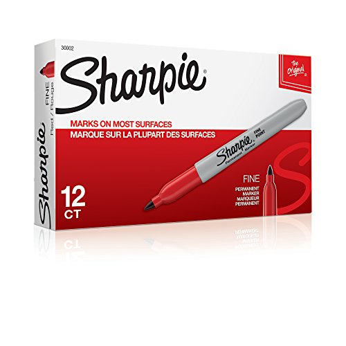 Product Cover Sharpie 30002 Fine Point Permanent Marker, Marks On Paper and Plastic, Resist Fading and Water, AP Certified, Red Color, Pack Of 12 Markers
