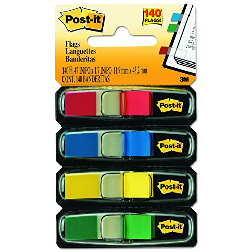 Product Cover Post-it Flags, Assorted Primary Colors, Sticks Securely, Removes Cleanly.47 in. Wide, 35/Dispenser, 4 Dispensers/Pack, (683-4)