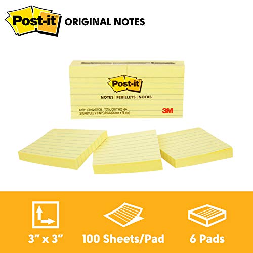Product Cover Post-it Notes, America's #1 Favorite Sticky Note, 3 x 3-Inches, Canary Yellow, Lined, 6-Pads/Pack