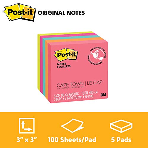 Product Cover Post-it Notes, 5 Pads, America's #1 Favorite Sticky Note, Call Out Important Information, Cape Town Colors, 3 x 3, 100 Sheets/Pad (654-5PK)