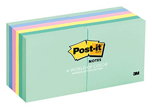Product Cover Post-it Notes, America's #1 Favorite Sticky Note, 3 in x 3 in, Marseille Collection, 12 Pads/Pack, 100 Sheets/Pad (654-AST)