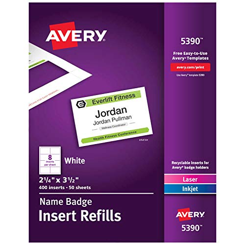 Product Cover Avery Name Badge Inserts, Print or Write, 2-1/4 Inch x 3-1/2 Inch, 400 Card Stock Refills (5390), White