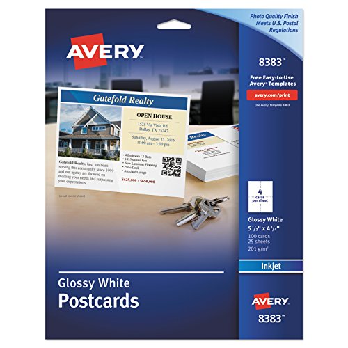 Product Cover Avery 8383 Photo-Quality Glossy Postcards for Inkjet Printers, 4 1/4 x 5 1/2, White (Pack of 100)