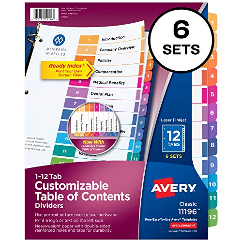 Product Cover Avery Ready Index 12-Tab Binder Dividers, Customizable Table of Contents, Multicolor Tabs, 6 Sets (11196)