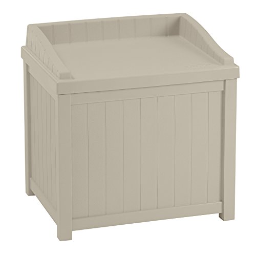 Product Cover Suncast 22-Gallon Small Deck Box - Lightweight Resin Indoor/Outdoor Storage Container and Seat for Patio Cushions and Gardening Tools - Store Items on Patio, Garage, Yard - Taupe
