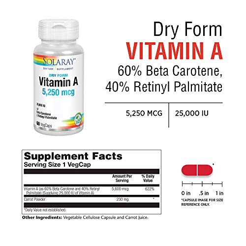 Product Cover Solaray Dry Form Vitamin A 25,000 IU | Healthy Skin & Eyes, Antioxidant Activity & Immune System Function | 60 VegCaps