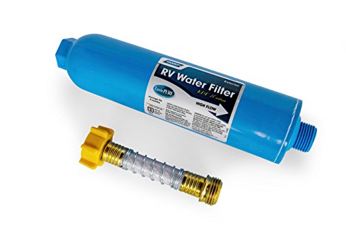 Product Cover Camco 40043 TastePURE RV/Marine Water Filter with Flexible Hose Protector | Protects Against Bacteria | Reduces Bad Taste, Odors, Chlorine and Sediment in Drinking Water