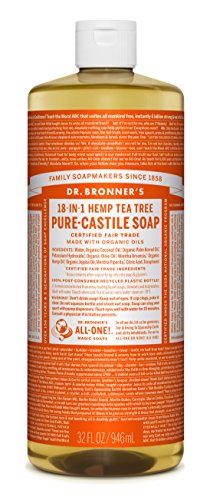 Product Cover Dr. Bronner's - Pure-Castile Liquid Soap (Tea Tree, 32 ounce) - Made with Organic Oils, 18-in-1 Uses: Acne-Prone Skin, Dandruff, Laundry, Pets and Dishes, Concentrated, Vegan, Non-GMO