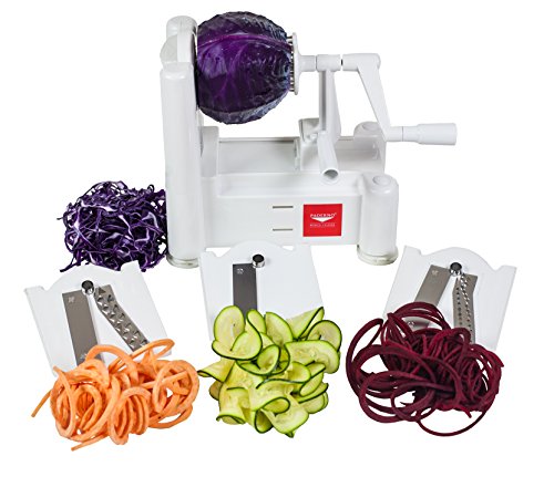 Product Cover Paderno World Cuisine 3-Blade Vegetable Slicer / Spiralizer, Counter-Mounted and includes 3 Stainless Steel Blades