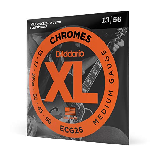 Product Cover D'Addario ECG26 XL Chromes Flat Wound Electric Guitar Strings, Medium Gauge, 13-56 (1 Set) - Ribbon Wound and Polished for Ultra-Smooth Feel and Warm, Mellow Tone - Sealed Pouch Prevents Corrosion