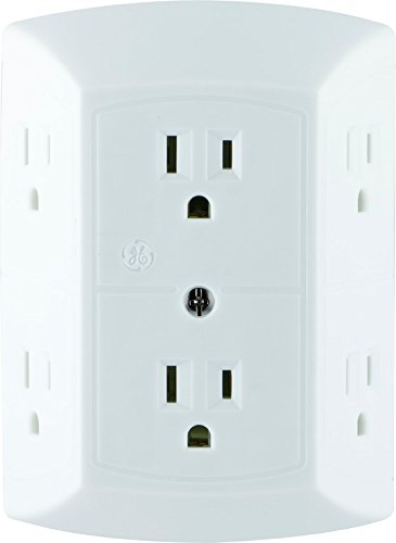 Product Cover GE 6 Outlet Wall Plug Adapter Power Strip, Extra Wide Spaced Outlets for Cell Phone Charger, Power Adapter, 3 Prong, Multi Outlet Wall Charger, Quick & Easy Install, For Home Office, Home Theater, Kitchen, or Bathroom, UL Listed, White, 507