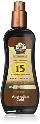 Product Cover Australian Gold Spray Gel Sunscreen with Instant Bronzer, Moisturize & Hydrate Skin, Broad Spectrum, Water Resistant, SPF 15, 8 Ounce