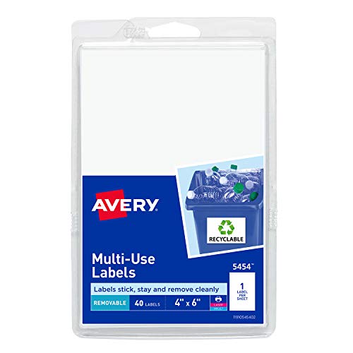 Product Cover Avery White Removable Print or Write Labels, 6 Inches x 4 Inches, Pack of 40 (5454)
