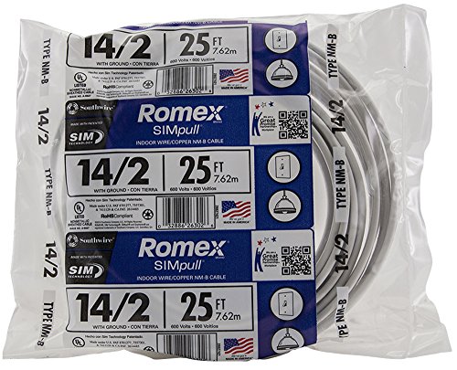 Product Cover Southwire 28827421 25' 14/2 with ground Romex brand SIMpull residential indoor electrical wire type NM-B, White
