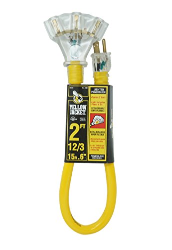 Product Cover Yellow Jacket 2882 12/3 Heavy Duty 15-Amp, 125 Volts 1875 Watts, Premium SJTW Contractor Grade 3 Outlet Extension Cord with Lighted End, 2-Feet, Yellow, UL Listed, 2 Foot,...