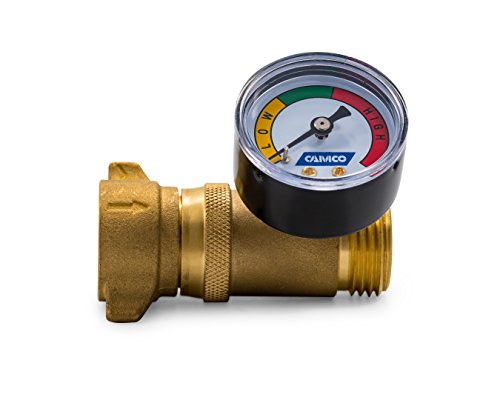 Product Cover Camco Brass Water Pressure Regulator with Gauge- Helps Protect RV Plumbing and Hoses from High-Pressure City Water - Easy Read Gauge, Lead Free (40064)