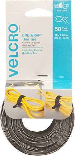 Product Cover VELCRO Brand ONE WRAP Thin Ties | Strong & Reusable | Perfect for Fastening Wires & Organizing Cords | Black & Gray, 8 x 1/2-Inch | 25 Black + 25 Gray Ties