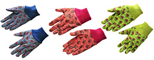 Product Cover G & F 1823-3 JustForKids Soft Jersey Kids Garden Gloves, Kids Work Gloves, 3 Pairs Green/Red/Blue per Pack