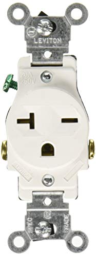 Product Cover Leviton 107-5821-WSP S02-05821-0Ws Single Receptacle, 250 Vac, 20 A, 2 Pole, 3 Wire, Pack of 1, White