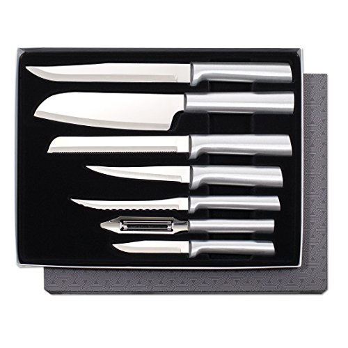 Product Cover Rada Cutlery S38 Knife 7 Stainless Steel Kitchen Knives Starter Gift Set with Brushed Aluminum Made in USA, Silver Handle