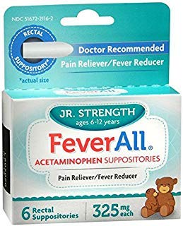 Product Cover FeverAll Acetaminophen Suppositories, Jr Strength Ages 6-12 Years 6 ea
