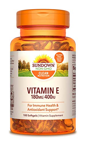 Product Cover Sundown Vitamin E 400 IU Di-Alpha, Immune Health & Antioxidant Support*, 100 Synthetic Softgels (Packaging May Vary)