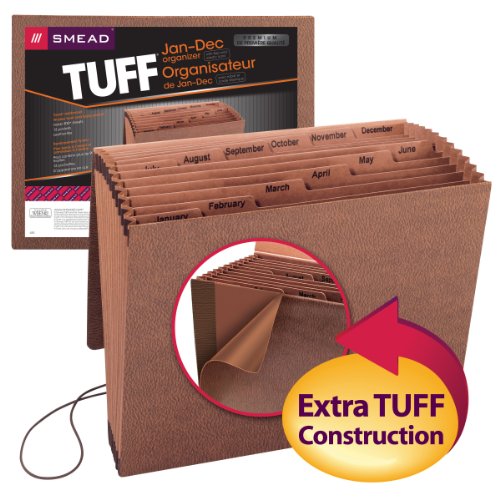 Product Cover Smead TUFF Expanding File,  12 Pockets, Monthly (Jan.-Dec.), Flap and Cord Closure, Letter Size, Redrope (70388)