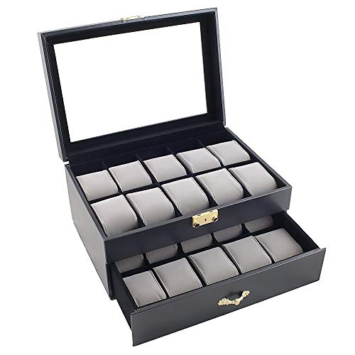 Product Cover Caddy Bay Collection Black Classic Watch Case Display Box with Clear Glass Top Holds 20 Watches with Microfiber Cleaning Cloth