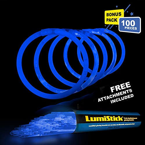 Product Cover Lumistick 8 Inch Glow Sticks | 100 Pack Bulk Party Favors Bracelets | Light Sticks for Neon Party Glow Necklaces | Glow in The Dark Party Supplies for Kids or Adults (Blue, 100 Glow Sticks)